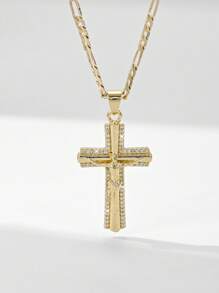 1 pieza Collar colgante con cruz de Jesús de 14K color oro, estilo europeo y americano, hipoalergénico, con relieve en capas e incrustación de cobre y circonita, adecuado como regalo para madres, San Valentín, parejas, amigos, cristianos, para uso diario, festivales y oración