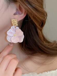 1 对金属亚克力花朵设计耳钉，复古优雅高端女士珠宝配饰 - 淺粉色 - 查看 4