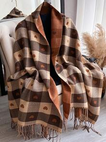 1pc Faux Cashmere Plaid Heart Pattern Scarf, Versatile And Warm Tassel Shawl Suitable For Daily Wear For Dress - Multicolor - View 5