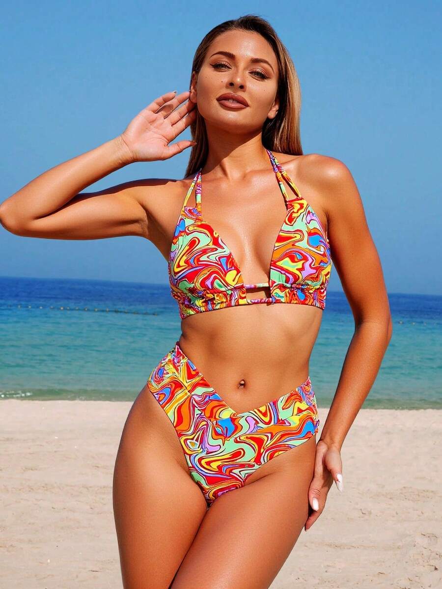 Swim Vcay Summer Beach Allover Print Halter Triangle Bikini Set - Multicolor - View 1