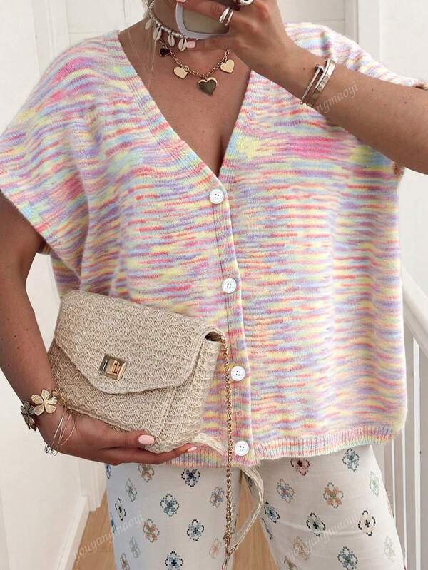 Women V-Neck Sleeveless Ombre Color Single-Breasted Knit Cardigan, Casual For Spring/Autumn