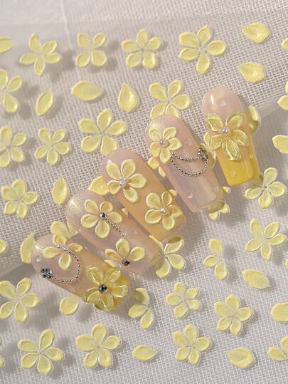 新款中国风黄山茶花美甲装饰贴纸，姜粉黄半透明白色花朵，立体浮雕仙女风美甲用品