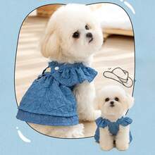 Vestidos de mezclilla para perros pequeños, ropa con anillo de correa, mangas voladoras, ropa de verano para gatos, trajes de Chihuahua azules - azul claro - Ver 6