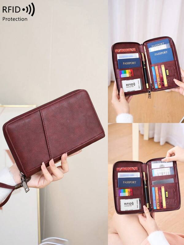 New RFID Anti Magnetic Wallet Zipper Passport Bag Certificate Bag Ticket Storage Bag Multi Functional Passport Wallet Large Capacity Wallet Fashion Travel Bag Airplane Travel Bag For Overseas Travel