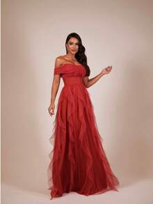 Off Shoulder Tiered Prom Dress. Elegant Zipper Wedding Party - Naranja Quemada - Ver 2