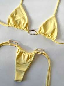 String Bikini With Tie - Polyamide Ribbon Marking With Premium Gold Rings Elegant Contrast Drawstring Beach Holidays - 白色 - 查看 6