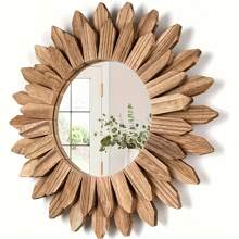 1 Stück Spiegel im böhmischen Sonnenblumen-Stil mit 1 Stück rundem Holzrahmen, Retro-Stil Wandspiegel für Eingangsbereich, Schlafzimmer oder Wohnzimmer, böhmische Heimdekoration