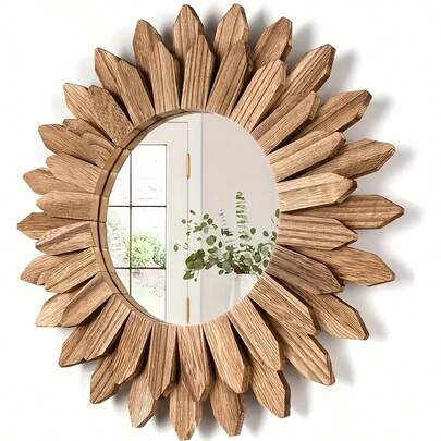 1pc Bohemian Sunflower Style Mirror 1pc Wooden Round Frame Home Decoration, Retro-Style Wall-Mounted Mirror Entryway Bedroom Or Living Room Bohemian Style Home Decoration Mirror Back To School Room Decor School Supplies