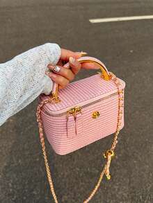 1 件黑色休闲百搭手提包，时尚刺绣格纹面料，适合上班时携带手机、口红、硬币 - 粉色 - 查看 11