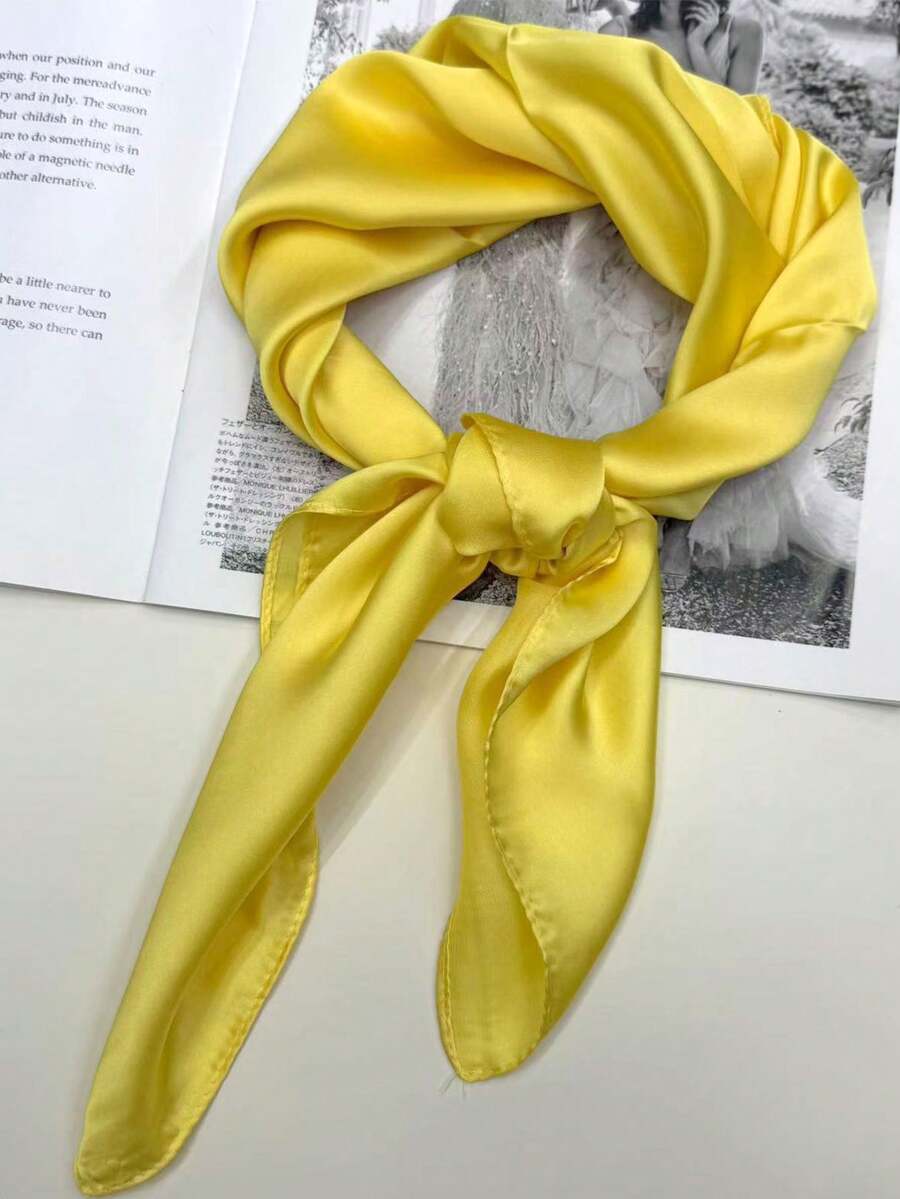 1 chiếc khăn bandana màu trơn dành cho nữ, khăn vuông, khăn quàng cổ bằng vải satin đa năng dùng để buộc tóc, thắt lưng, đeo túi cho váy - Màu vàng - Xem 1