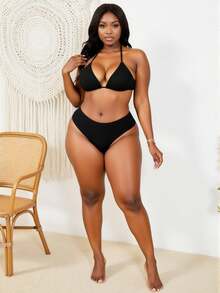 Slaydiva Bộ bikini tối giản cỡ lớn mùa hè đi biển, áo ngực tam giác hở lưng và quần cạp cao 2 mảnh bikini - màu đen - Xem 5