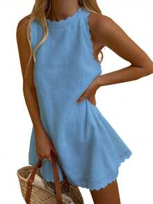 Women Casual Tank Dress Sleeveless Mock Neck Back Zipper Linen Summer Dress Scallop Halter Dress Sundress Beachwear - Màu xanh nhạt - Xem 1