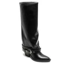 Women's Plain Pointed Toe Zipper Fashion Mid-Calf Boots With Buckle - Black - View 3
