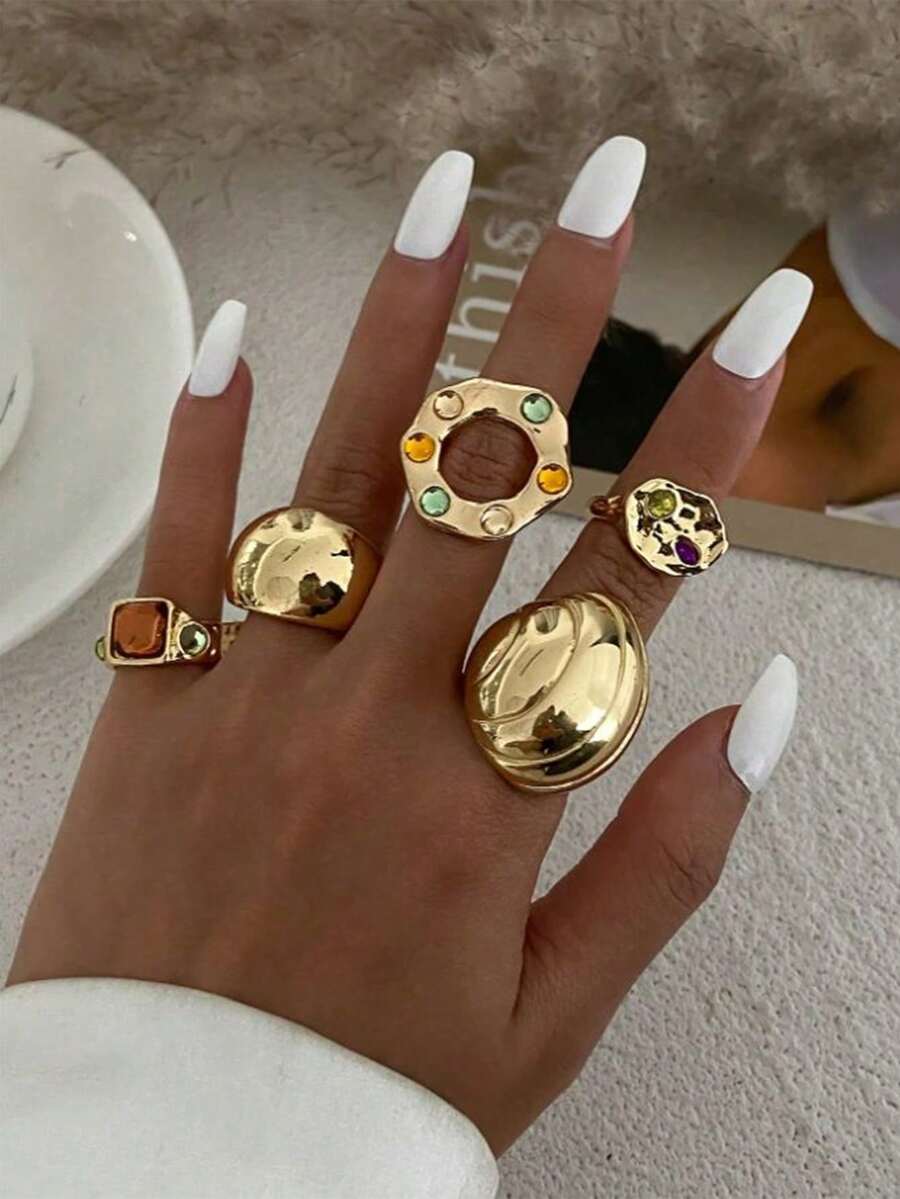 5pcs Fashionable Elegant Textured Gold Metal Geometric Rhinestone Rings Set, Suitable For Daily Wear, Parties, Gatherings, Holiday Gifts (The Large Metal Rings Are Not Adjustable, Please Do Not Forcibly Bend Them As They May Break) - Yellow Gold - View 1