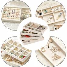 天鹅绒珠宝盒，带 15 个隔层，用于存放手镯、珠宝、耳环、戒指和项链，适合女士收纳整理器旅行必需品礼物返校 - 米色 - 查看 3