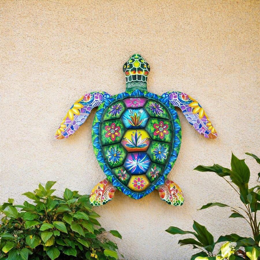 1 pieza Decoración de pared de tortuga verde marina (aproximadamente 12 pulgadas), artesanía de hierro de tortuga decorada con flores coloridas, apta para patio, jardín, valla, decoración de pared, diversos regalos festivos