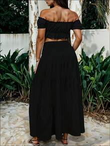 Conjunto de Dos Piezas con Top de Hombros Descubiertos Fruncido y Falda Larga con Volantes y Lazo Casual para Mujer Primavera / Verano - Negro - Ver 2