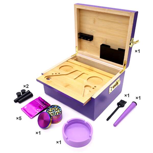 5-Piece Solid Wood Storage Box Set, Includes Tray And 3-Digit Lock Box, Plus Accessories Like 50mm Grinder, Deodorizer Bag, Ashtray, Brush, Funnel, And Tamper, Available In Black, Natural, Pink, And Purple, Practical Home/Party Decor And Ideal Travel Gift