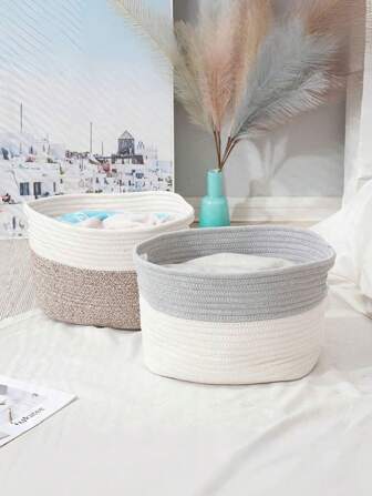 1pc Cotton Rope Storage Basket, Dual-Color Woven Basket For Living Room/Bedroom Storage, Plant Pot Cover