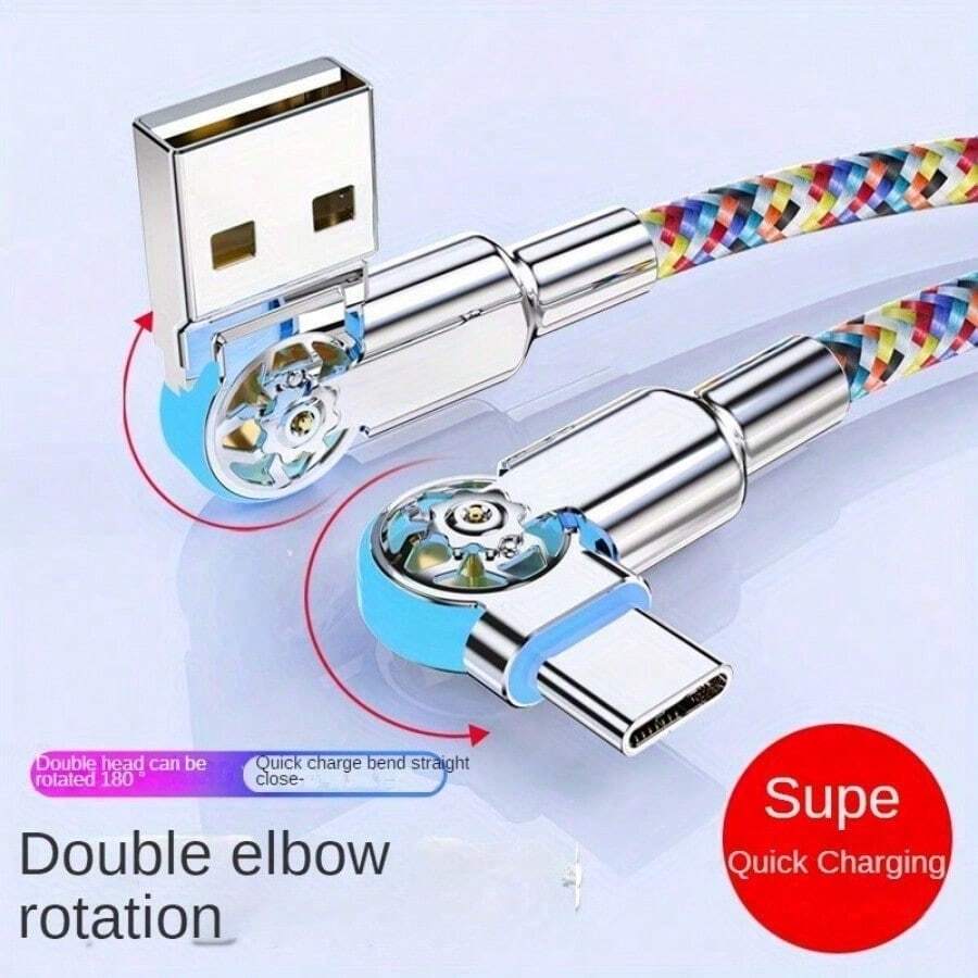 Color Elbow Light Super Fast Charging Data Cable Type-C Double Elbow Rotating Charging Cable Android Suitable For Honor Vivo Compatible With IPhone 16, 16 Pro Max, 15, 15 Plus, 15 Pro, 15 Pro Max,Compatible With Redmi, Compatible With OnePlus Type C, Charger Nan - For Type-c - View 1