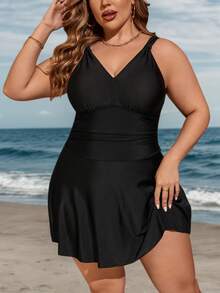 Swim Lushoire Summer Beach Plus Size One Piece Swimsuit - Black - View 2