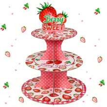 1pc Strawberry Cupcake Stand - Berry Sweet Birthday Party Decorations, 3 Tier Round Strawberry Themed Dessert Tower Stand, Cupcake Holder Stand For Sweet One Birthday Party Decorations