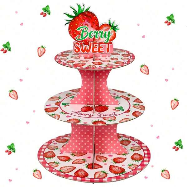1pc Strawberry Cupcake Stand - Berry Sweet Birthday Party Decorations, 3 Tier Round Strawberry Themed Dessert Tower Stand, Cupcake Holder Stand For Sweet One Birthday Party Decorations
