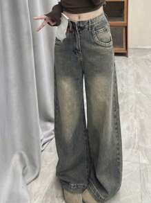 Pantalones vaqueros de pierna ancha drapeados retro de mujer de cintura alta sueltos que se arrastran rectos 100 pantalones finos y altos Talla pequeña La talla es pequeña, se recomienda pedir una más grande - Azul - Ver 1