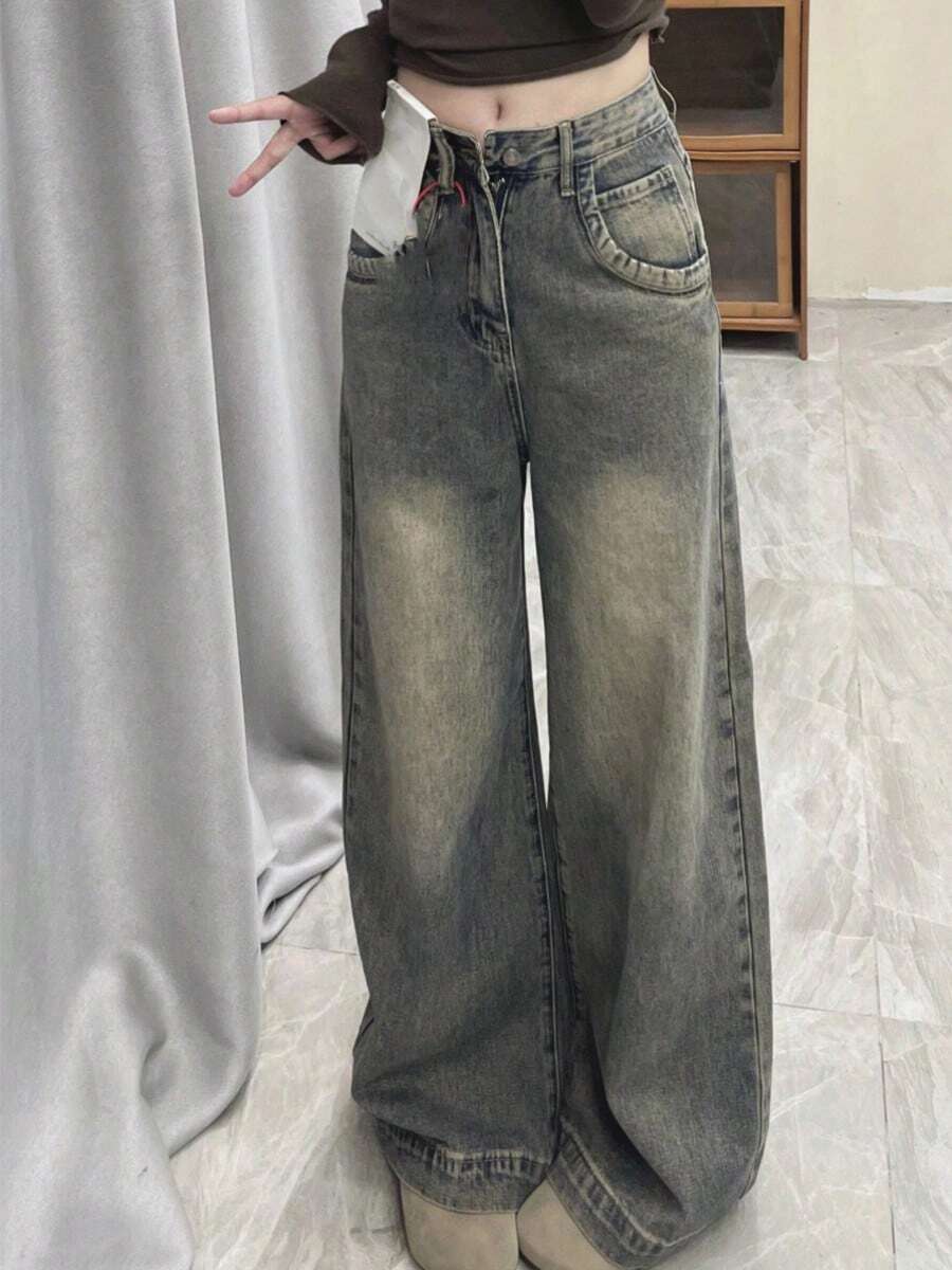 Pantalones vaqueros de pierna ancha drapeados retro de mujer de cintura alta sueltos que se arrastran rectos 100 pantalones finos y altos Talla pequeña La talla es pequeña, se recomienda pedir una más grande - Azul - Ver 1