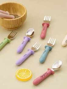 2pcs Customized Name Printed Silicone & Stainless Steel Children's Portable Cutlery Set - Multicolor - View 4