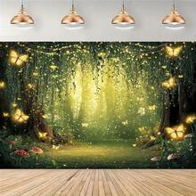 Telón de fondo de cuento de hadas con bosque mágico verde, árboles, camino de ladrillos amarillos, escenario mágico de princesa para fotografía, decoración para fiesta - Multicolor - Ver 3