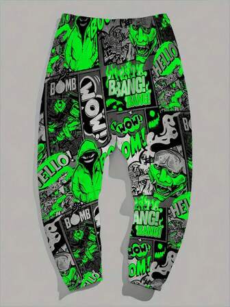 Multifunktionella graffititryckta träningsbyxor med dragsko för män, lös passform 3D-långbyxor, moderiktiga sportkläder, för rave