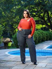 Plus Size Mom Cargo Jeans High Waist Graphite