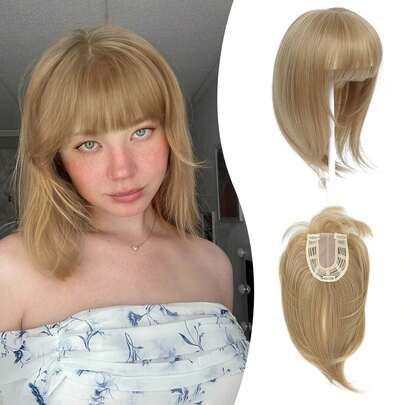 Clip In Fringe Hair Toppers, 4"X5" Base Topper With Bangs For Hair Loss Women 12 Inch Natural Synthetic Fiber 3D Cover Bangs For Daily Use Add Volume(Champagne Blonde)