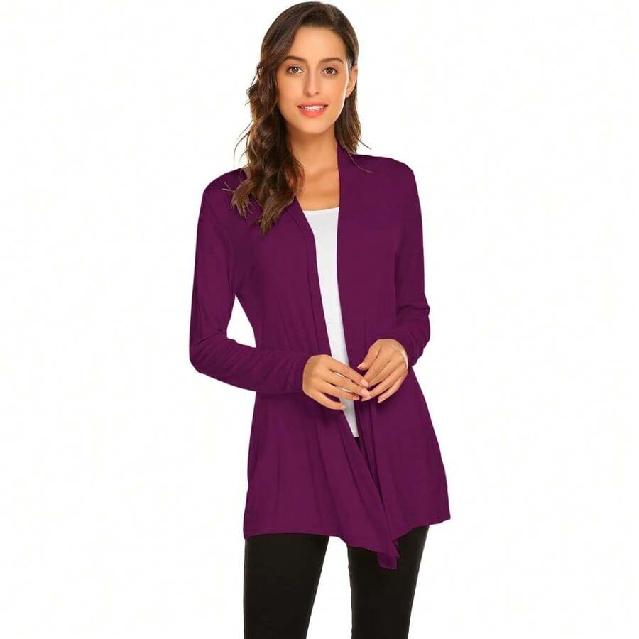 Newchoice Womens Casual Lightweight Long Sleeve Cardigan Soft Drape Open Front Fall Dusters (S-3XL) - Dark Purple Red - View 1