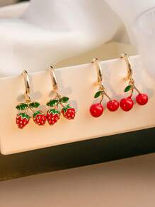 2 pares de aretes tipo botón con diseño de cereza y fresa, accesorios alegres - apropiados para uso diario y fiestas