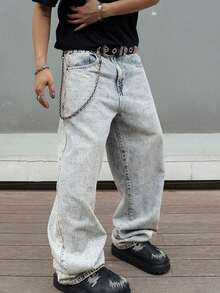 Men's Baggy Straight Jeans Street Style Loose Fit Vintage Denim Pants Full Length Y2K Look Casual No Stretch Blue Wash - 淺色水洗藍 - 查看 3