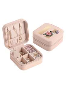 1pc Mini Floral Alphabet Jewelry Storage Box, A-Z Gold Letters, Portable Zipper Travel Jewelry Storage Box, Gift Box For Women, Multi-Function Jewelry Display Stand For Rings, Pendants, Earrings, Necklaces, Etc. - Suitable For Women, Mother, Girlfriend, Valentine's Day Gift Box.