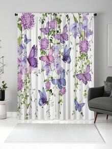 2 piezas de cortinas con estampado de mariposas moradas, paneles de cortina de lavanda floral con ojal para varilla, diseño con hojas y plantas botánicas para sala de estar y dormitorio - Multicolor - Ver 4