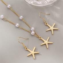 1pc Necklace & 1 Pair Earrings Fashion Elegant Simple Faux Pearl & Starfish Shell Design Jewelry Set, Suitable For Beach, Travel, Holiday, Summer Wear