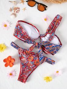 Bộ bikini mùa hè in họa tiết, cổ áo bất đối xứng, có dây rút - Nhiều màu - Xem 2