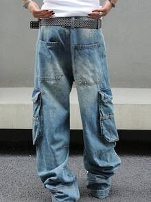 MH1035-1-Pantalones cargo holgados de mezclilla para hombre, estilo urbano, de pierna ancha, estilo ropa de trabajo con bolsillos laterales grandes - Azul lavado medio - Ver 4
