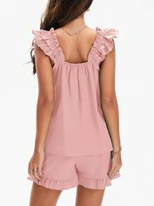 Women Summer 2 Pieces Pajama Outfit Set Y2K Ruffle Sleeveless Crop Tank Tops And Ruffled Mini Shorts Sets Cute Pjs Sleepwear Loungewear - Berwarna merah muda - View 3