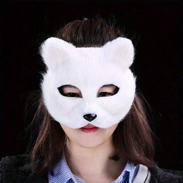 Máscara con cara de zorro para Halloween - Estilo abierto, blanca, con ojos y orejas negras, pelaje sintético de gato, perfecta para juegos de roles, Navidad, Carnaval y decoración de fiestas, Máscara de Carnaval | Máscara de estilo abierto | Diseño detallado de ojos, Disfraz de zorro