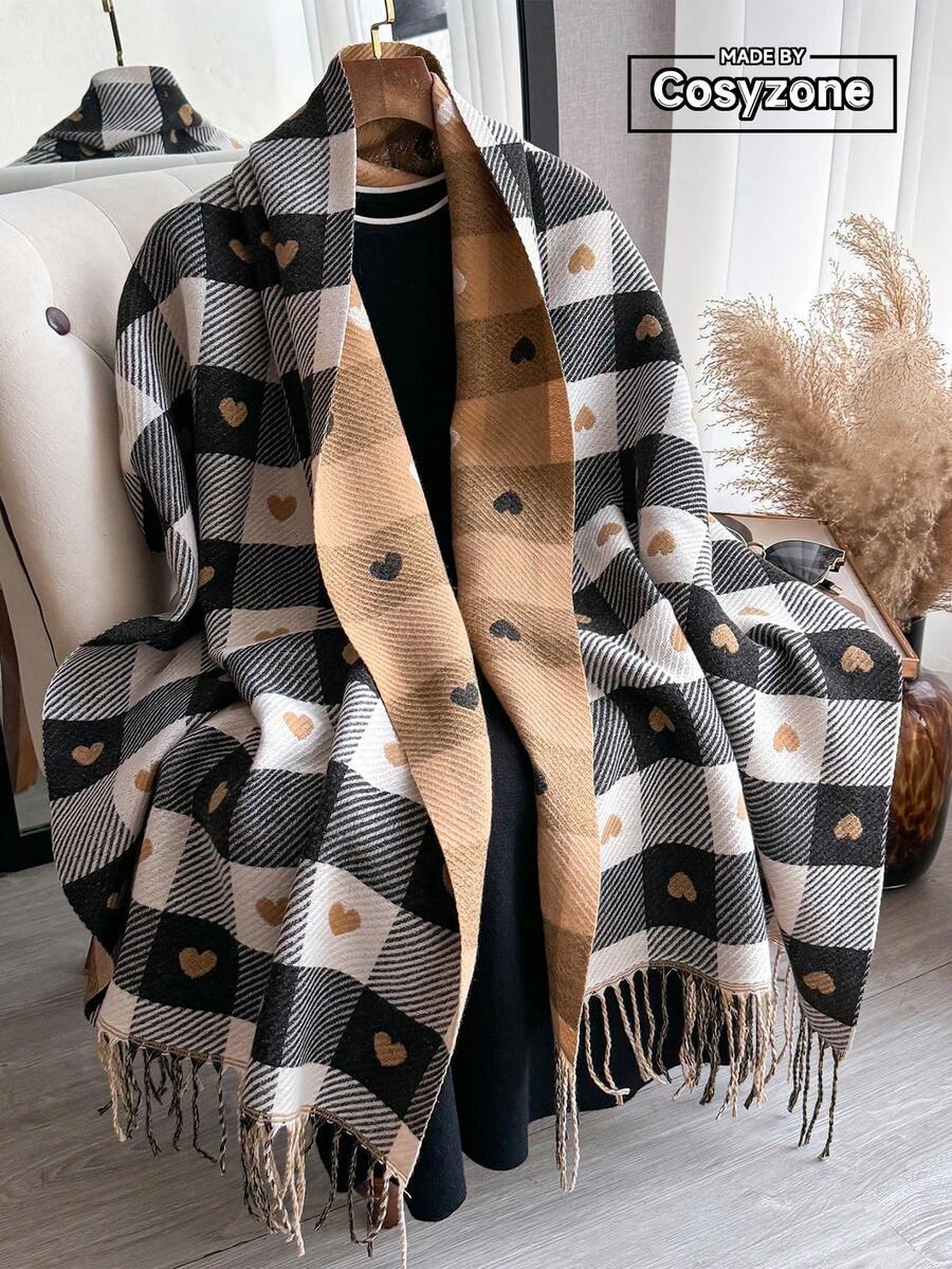 1pc Faux Cashmere Plaid Heart Pattern Scarf, Versatile And Warm Tassel Shawl Suitable For Daily Wear For Dress - Multicolor - View 1