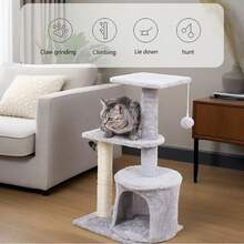 Cat Tree Cat Climbing Frame Scratch Post Spacious Space Multi Layer Cat Tower Toy Supplies With Hanging Plush Balls - Grey - View 4