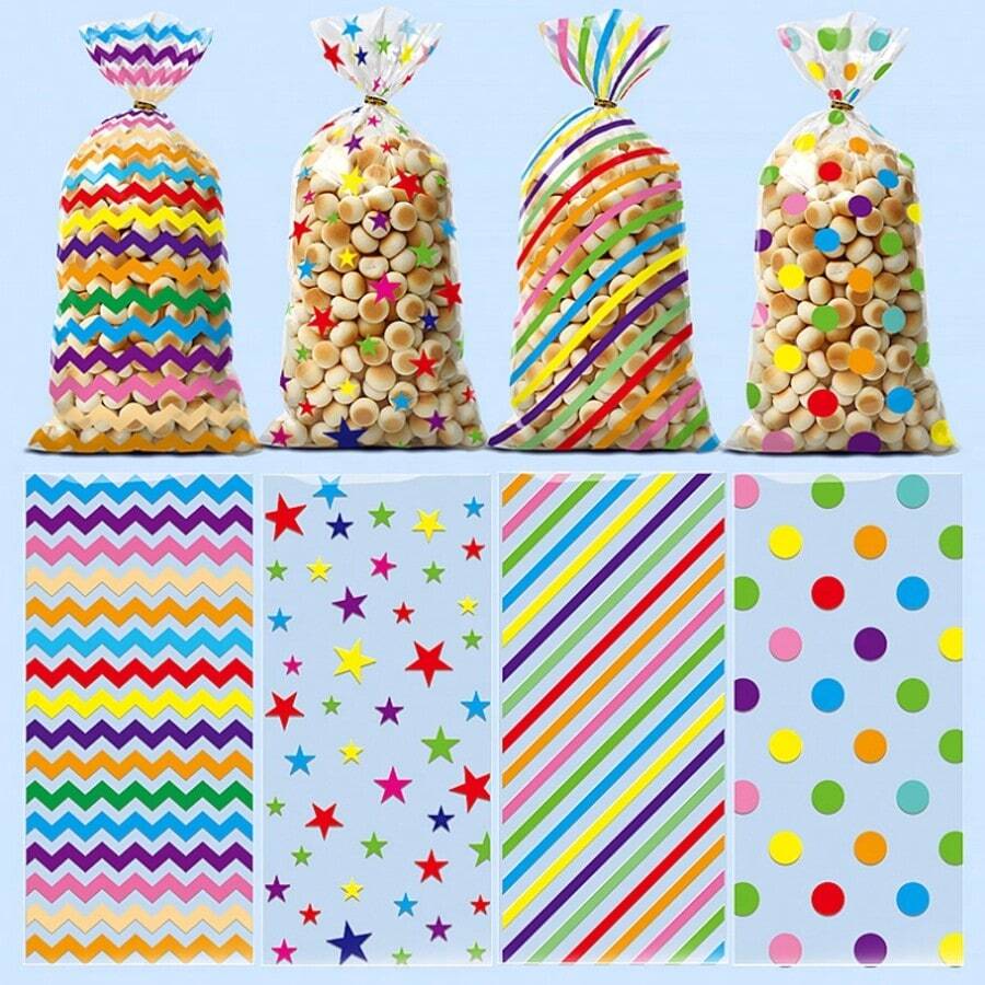 50 Colored Striped OPP Gift Bags, Plastic And Glass Paper Gift Bags, Dot Striped Gift Bags, Birthday, Family Vacation, Party Decoration Supplies, Gift Packaging Supplies, Halloween Candy Bag, Popcorn Bag, Bundle Packaging Bag - View 1