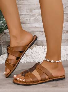 Damen Flache Sandalen, Europäischer & Amerikanischer Mode Lässig Runde Zehenform Offene Zehenform Cut Out Kreuz Riemen Strandpantoffeln