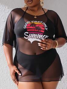 Slaydiva Summer Beach Plus Tropical & Letter Graphic Drop Shoulder Mesh Cover Up Dress Without Bikini Set - Black - View 3