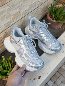 2025 Novo Tênis Chunky Prateado, Sapato Casual de Sola Grossa e Plataforma, Mesh Respirável, Estilo de Rua da Moda, 2 Cores Disponíveis